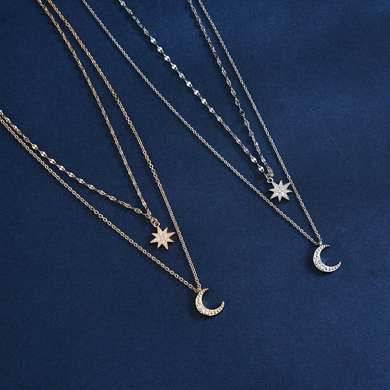 Collier double couche lune et étoile